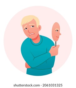 Frustrated character behind mask of positive emotions. Man hides depression and psychological problems from society with smile. Cartoon modern flat vector illustration isolated on white background