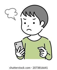 Frustrated child boy operating a smartphone

