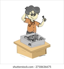Frustrated computer technician holding hammer and screwdriver vector illustration