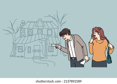Frustrated couple buyers shocked with price of old ruined house. Unhappy man and woman confused with building rent. Ownership and rental problems. Flat vector illustration. 