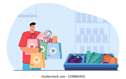 Frustrated Customer With Shopping Bags In Grocery Store. Irritated Man Standing Next To Vegetable Stand Flat Vector Illustration. Shopping Concept For Banner, Website Design Or Landing Web Page