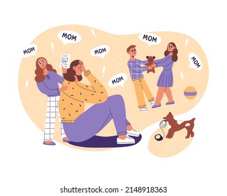 frustrated, depressed mom, problems of motherhood. Naghty children do not give rest for a minute. Exhausted women tired of noisy active playful kids.Hard paenting with many children flat illustration.