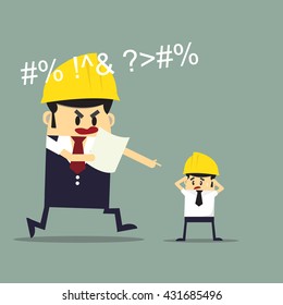 Frustrated desperate Construction. Engineer, architect, foreman at a construction site. Architect holding a project. on a construction site. Flat icons vector illustration. 