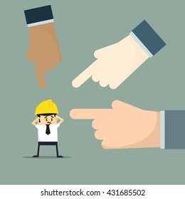 Frustrated desperate Construction. Engineer, architect, foreman at a construction site. Architect holding a project. on a construction site. Flat icons vector illustration. 