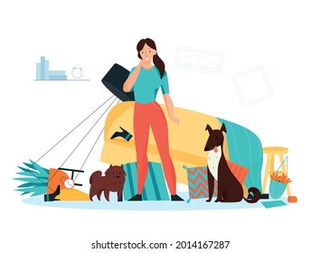 Frustrated dog owner looking at mess made by her naughty pets in living room flat vector illustration
