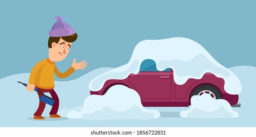 A frustrated driver with a brush and ice scraper in hand looks at his car covered with snow. A man cleans a car from snow. Vector illustration, flat design, cartoon style.