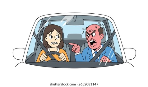 Frustrated driving instructor scolds nervous student driver in car during driving lesson