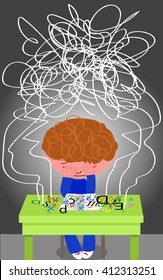 Frustrated dyslexic boy trying to read. Vector illustration.