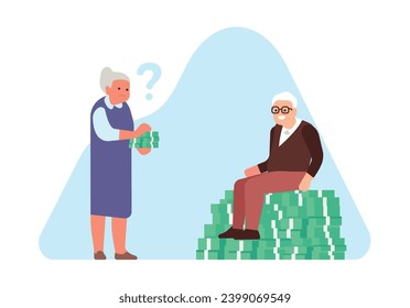 Frustrated elderly woman who is not satisfied with amount of pension she receives. Senior millionaire on banknotes. Poor grandmother. Pensioners payment. Rich grandfather