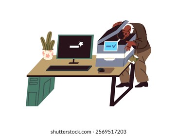 Frustrated employee with burnout prints his face with photocopy machine. Bored office worker messing around instead work at the desk, workplace. Flat isolated vector illustration on white background