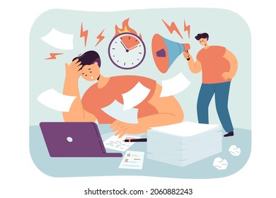 Frustrated employee late on deadline, working under stress. Boss shouting at man with laptop into megaphone flat vector illustration. Time management, burnout at work, anxiety disorder concept