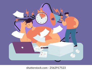 Frustrated employee late on deadline, working under stress. Boss shouting at man with laptop into megaphone flat vector illustration. Time management, burnout at work, anxiety disorder concept