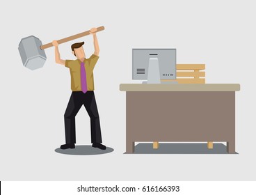 Frustrated employee raising a giant hammer to destroy office. Creative cartoon drawing vector illustration on unhappy office worker.