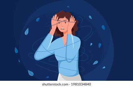 Frustrated female character with nervous problem feels anxiety and confusion. Concept of mental disorder and chaos in consciousness. Girl with anxiety touching head. Flat cartoon vector illustration