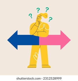 Frustrated female feel confused stand on crossroad deciding which way to take. Colorful vector illustration
