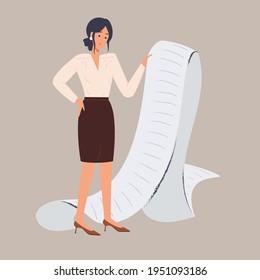 Frustrated female office worker looks at long to-do list or impossible schedule, agenda or task list.Concept of large number of tasks in modern world of business,time management or planning. Vector