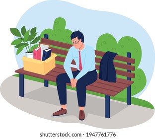 Frustrated fired man sitting on bench 2D vector web banner, poster. Job dismissal. Depressed jobless flat character on cartoon background. Unemployment printable patch, colorful web element