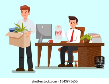 Frustrated Fired Worker Flat Vector Illustration. Boss Showing Document with Fired Red Stamp. Man leaves Office with Stuff. Upset Young Guy Clipart. Loosing Job Concept Idea. Jobless Character
