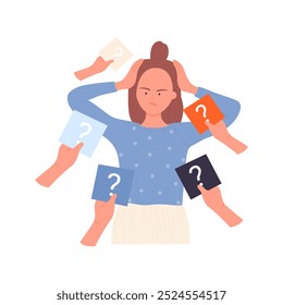Frustrated girl angry from lot of questions in hands of people vector illustration