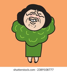 Frustrated Girl Hates Vegetable In Broccoli Costume Concept Card Character illustration