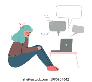 Frustrated Girl with Insulting Chat Message, Cyberbullying, Social Media Harassment, Trolling Cartoon Vector Illustration