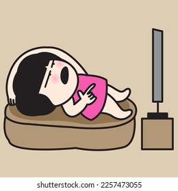 Frustrated Girl Lying On Sofa At Home Just Boring To Watch The Series On Television Concept Card Character illustration