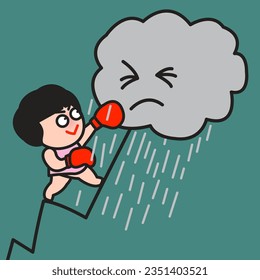 Frustrated Girl Standing In The Rain, Climbing On Thunderbolt While Punching Cloudy Cloud To Stop Storming Concept Card Character illustration