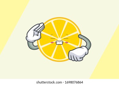 FRUSTRATED, GRIN SMILE, NERVOUS Face. Respect Hand Gesture. Mascot Cartoon Illustration. Slice Lemon Fruit