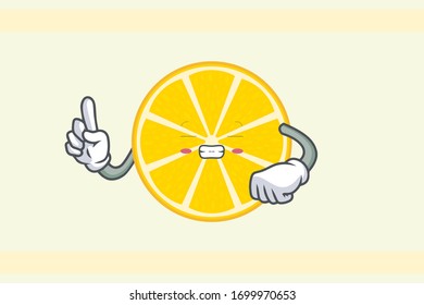FRUSTRATED, GRIN SMILE, NERVOUS Face . Index Finger, Forefinger Gesture. Mascot Illustration Slice Lemon Fruit.