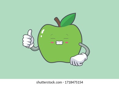 FRUSTRATED, GRIN SMILE, NERVOUS Face Emotion. Thumb Up Gesture.Green Apple Mascot Illustration.