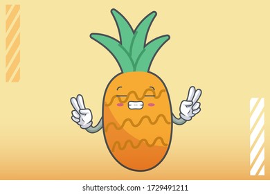 FRUSTRATED, GRIN SMILE, NERVOUS Face Emotion. Double Peace Hand Gesture. Pineapple Fruit Cartoon Drawn Mascot Illustration.