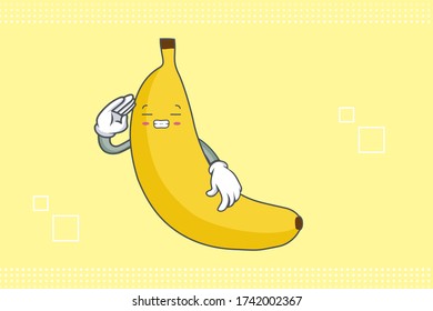 FRUSTRATED, GRIN SMILE, NERVOUS Face Emotion. Waving Hand Hand Gesture. Banana Fruit Cartoon Drawing Mascot Illustration.