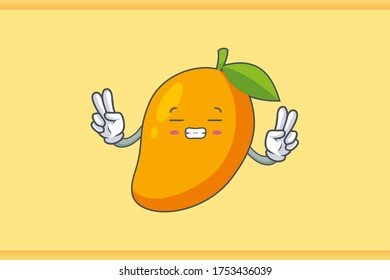 FRUSTRATED, GRIN SMILE, NERVOUS Face Emotion. Double Peace Hand Gesture. Yellow Mango Fruit Cartoon Drawing Mascot Illustration.