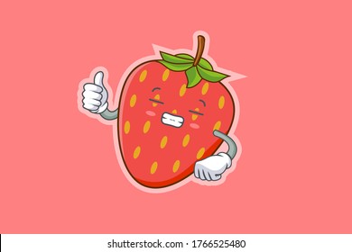 FRUSTRATED, GRIN SMILE, NERVOUS Face Emotion. Thumb Up Hand Gesture. Red Strawberry Fruit Cartoon Drawing Mascot Illustration.