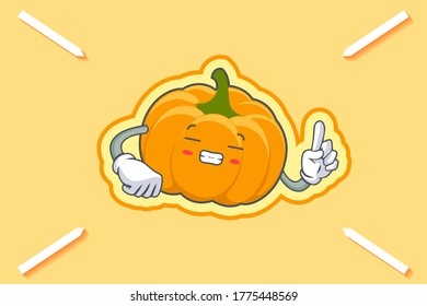 FRUSTRATED, GRIN SMILE, NERVOUS Face Emotion. Forefinger Hand Gesture. Yellow, Orange Pumpkin Fruit Cartoon Drawing Mascot Illustration.