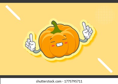 FRUSTRATED, GRIN SMILE, NERVOUS Face Emotion. Double Forefinger Hand Gesture. Yellow, Orange Pumpkin Fruit Cartoon Drawing Mascot Illustration.