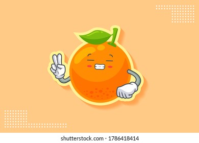 FRUSTRATED, GRIN SMILE, NERVOUS Face Emotion. Peace Hand Gesture. Orange, Citrus Fruit Cartoon Drawing Mascot Illustration.
