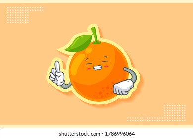 FRUSTRATED, GRIN SMILE, NERVOUS Face Emotion. Forefinger Hand Gesture. Orange, Citrus Fruit Cartoon Drawing Mascot Illustration.