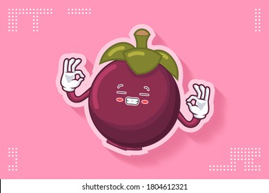 FRUSTRATED, GRIN SMILE, NERVOUS Face Emotion. Double Nice Hand Gesture. Mangosteen Fruit Cartoon Drawing Mascot Illustration.