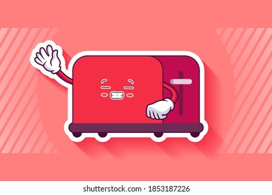 FRUSTRATED, GRIN SMILE, NERVOUS Face Emotion. Waving Hand Gesture. Toaster Cartoon Drawing Mascot Illustration.