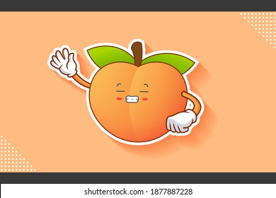 FRUSTRATED, GRIN SMILE, NERVOUS Face Emotion. Waving Hand Gesture. Peach Fruit Cartoon Drawing Mascot Illustration.