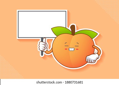 FRUSTRATED, GRIN SMILE, NERVOUS Face Emotion. Holding Whiteboard Hand Gesture. Peach Fruit Cartoon Drawing Mascot Illustration.