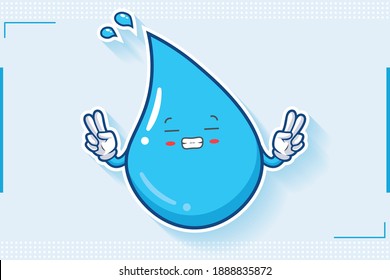 FRUSTRATED, GRIN SMILE, NERVOUS Face Emotion. Double Peace Hand Gesture. Water Drop Cartoon Drawing Mascot Illustration.