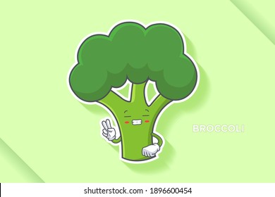 FRUSTRATED, GRIN SMILE, NERVOUS Face Emotion. Peace Finger Hand Gesture. Broccoli Vegetable Cartoon Drawing Mascot Illustration.