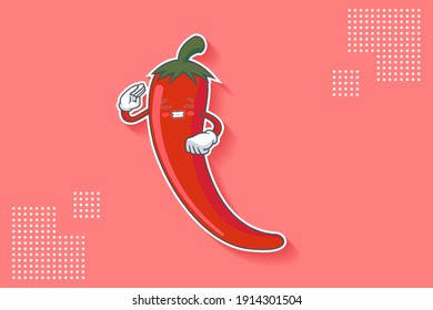 FRUSTRATED, GRIN SMILE, NERVOUS Face Emotion. Salute, Respect Hand Gesture. Chili Vegetable Character Cartoon Drawing Mascot Illustration.