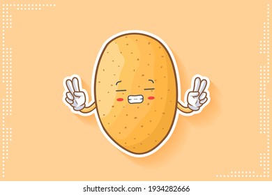 FRUSTRATED, GRIN SMILE, NERVOUS Face Emotion. Double Peace Finger Gesture. Potato Vegetable Character Cartoon Drawing Mascot Illustration.