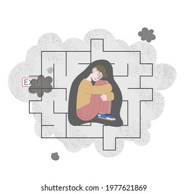 Frustrated guy with depression, nervous problem feel anxiety and confusion of thoughts labyrinth. He can not find exit. Concept vector illustration