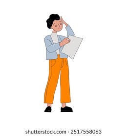 Frustrated guy holding sheet. Man in prostration. Bad news. Piece of paper in his hand. Expulsion, dismissal, poor grades. Man with sheet of paper. Flat vector illustration on white background.