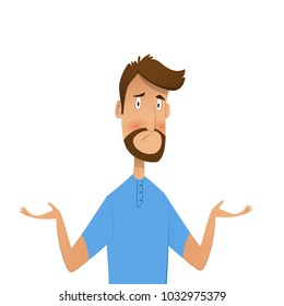 Frustrated guy shows gestures oops, sorry or he doesn't not know. Vector icartoon illustration