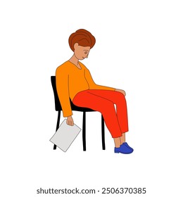 Frustrated guy sitting on chair in prostration. Bad news. Piece of paper in his hand. Expulsion, dismissal, poor grades. Man with sheet of paper. Flat vector illustration on white background